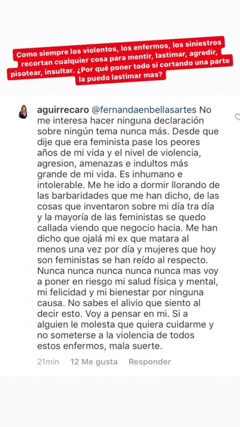 El controversial mensaje de Carolina Aguirre tras cruzar públicamente a Jimena Barón: "Yo no necesito el feminismo"