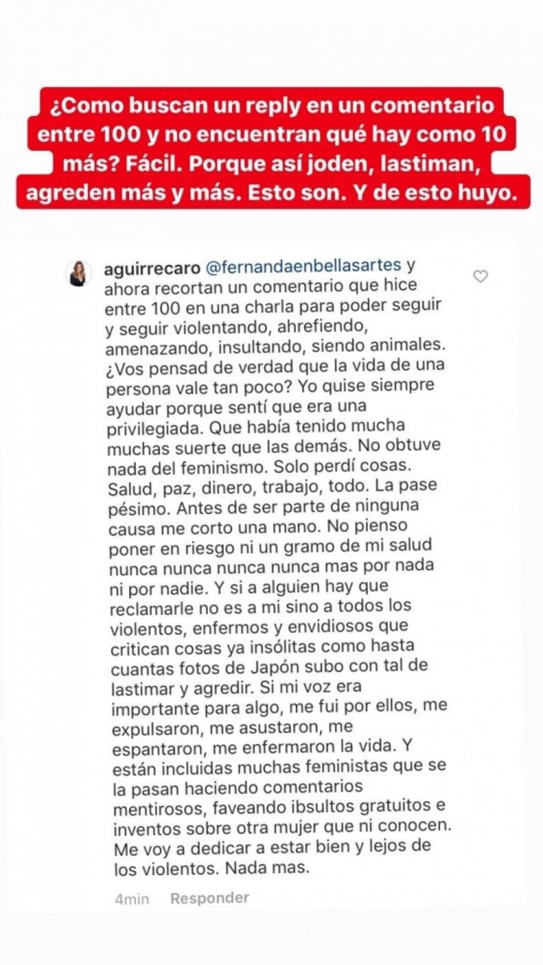 El controversial mensaje de Carolina Aguirre tras cruzar públicamente a Jimena Barón: "Yo no necesito el feminismo"