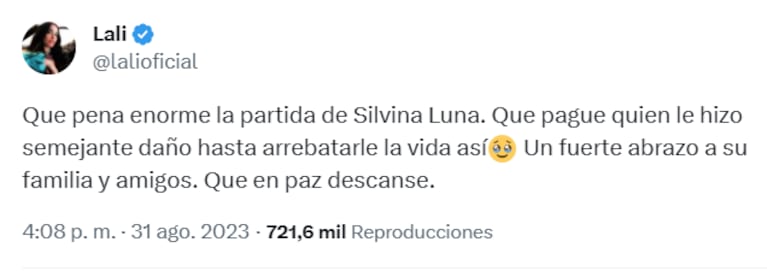 El contundente mensaje de Lali Espósito por la muerte de Silvina Luna, dedicado a Aníbal Lotocki