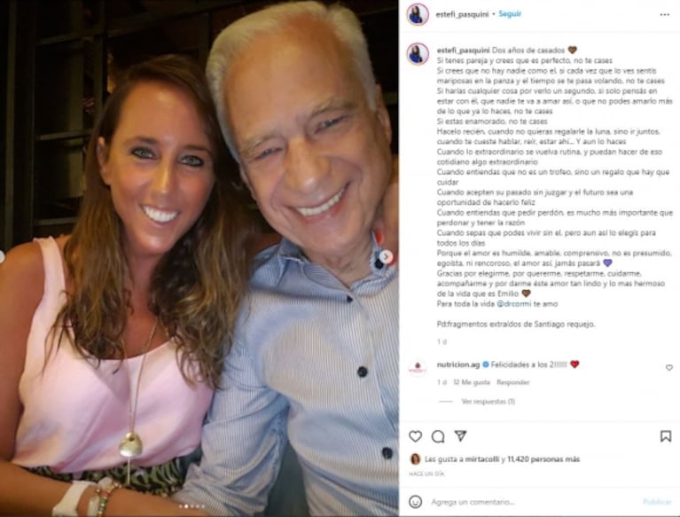 El curioso mensaje de Estefanía Pasquini en el aniversario de casados con Alberto Cormillot: "No te cases"