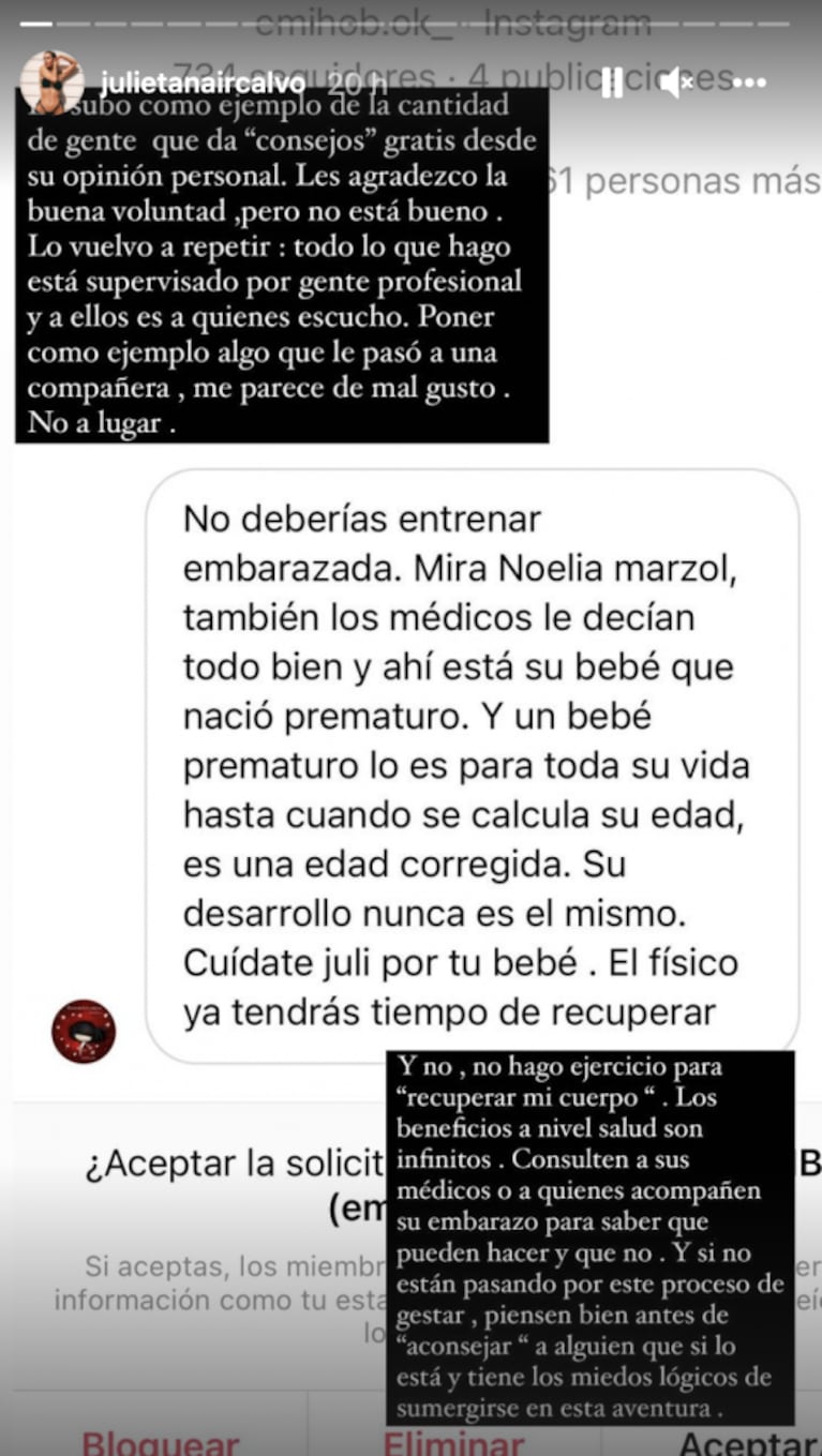 El descargo de Julieta Nair Calvo tras las críticas que recibió por entrenar embarazada: "No está bueno"