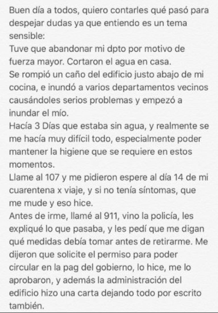 El descargo de Laurita Fernández tras ser acusada de romper la cuarentena: "Me fui porque me cortaron el agua"