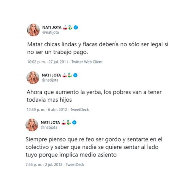 El descargo de Nati Jota tras la viralización de sus escandalosos tweets: "Me avergüenzo; tenía 15 años y quería sumar seguidores"