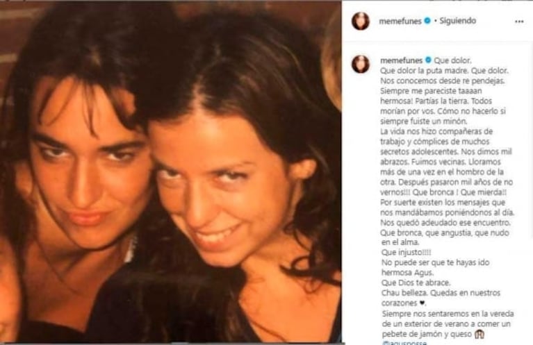 El desgarrador mensaje de Mercedes Funes por la muerte de Agustina Posse: “Qué nudo en el alma”