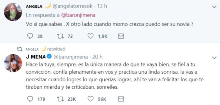 El divertido comentario de Ángela Torres a Jimena Barón sobre Momo: "Cuando crezca, ¿puedo ser su novia?"