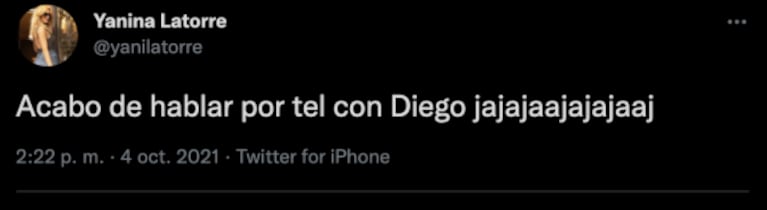 El divertido tweet de Yanina Latorre sobre la comunicación con Diego en medio de la caída de WhatsApp: "Acabo de hablar por teléfono"