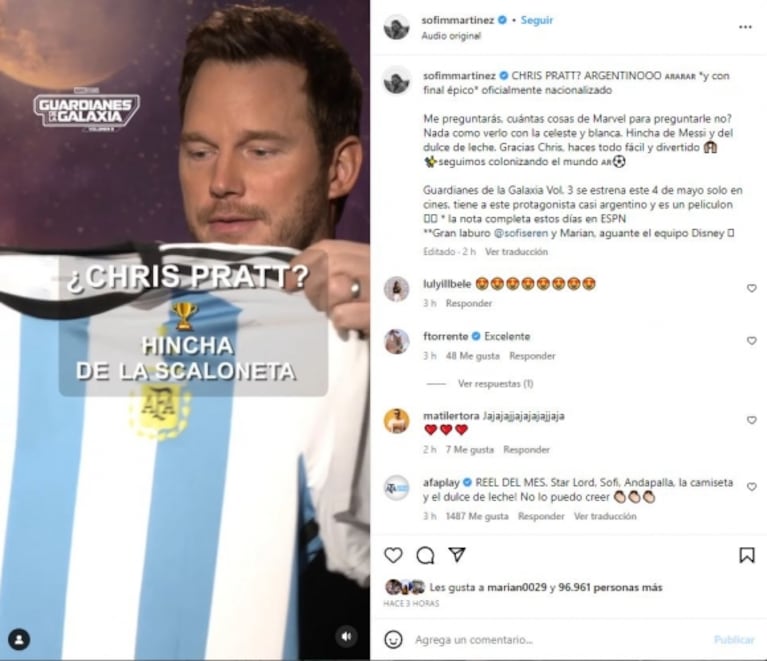 El divertido video de Chris Pratt con la camiseta de Argentina y comiendo dulce de leche: "Andá pallá bobo"