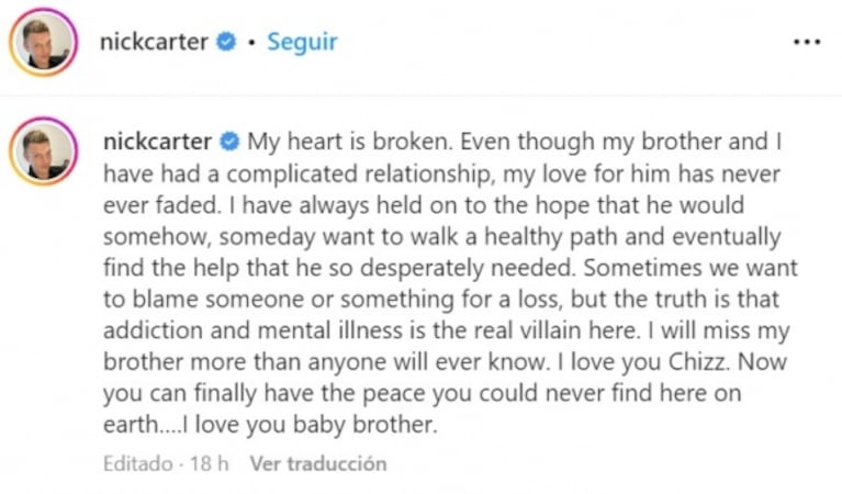 El dolor de Nick Carter por la muerte de su hermano Aaron: "Mi corazón está roto"