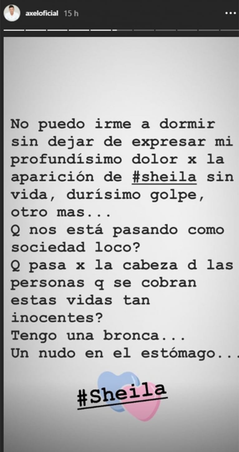 El dolor y la bronca de Axel por el brutal crimen de Sheila: "Tengo un nudo en el estómago"