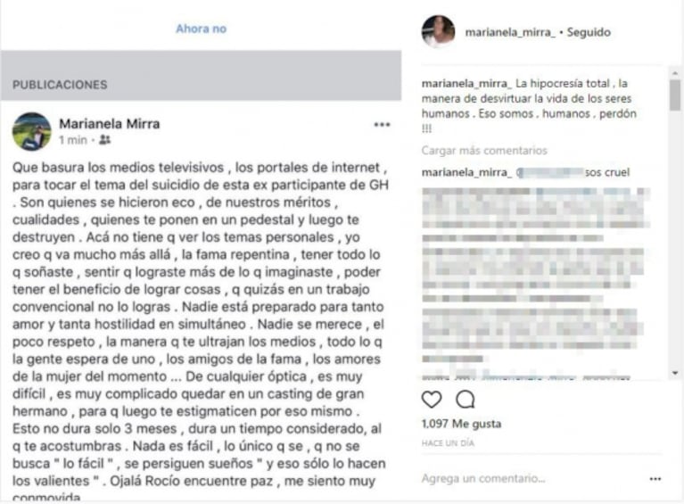 El duro descargo de Marianela Mirra tras el suicidio de Rocío Gancedo: "Nadie está preparado para tanto amor y hostilidad en simultáneo"