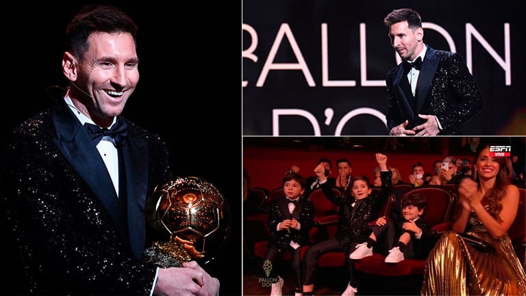 El festejo de los hijos de Lionel Messi y Antonela Rocuzzo cuando se quedó con el Balón de Oro 2021. (Foto: AFP y TV)