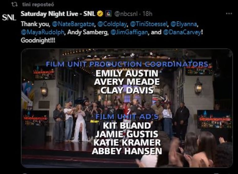 El final de la emisión de SNL con Tini Stoessel  (Foto: Twitter / X)