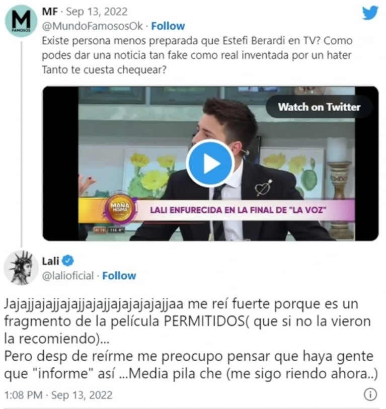 El fuerte cruce de Lali Espósito y Estefi Berardi en Twitter: "No sabía que nunca te equivocabas"