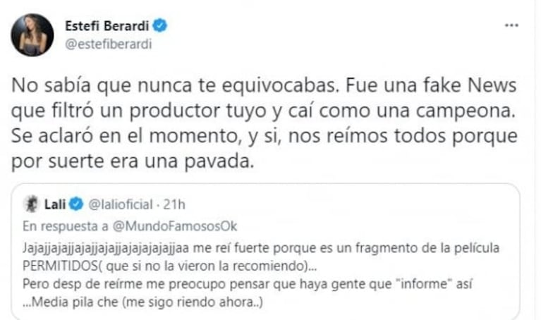 El fuerte cruce de Lali Espósito y Estefi Berardi en Twitter: "No sabía que nunca te equivocabas"