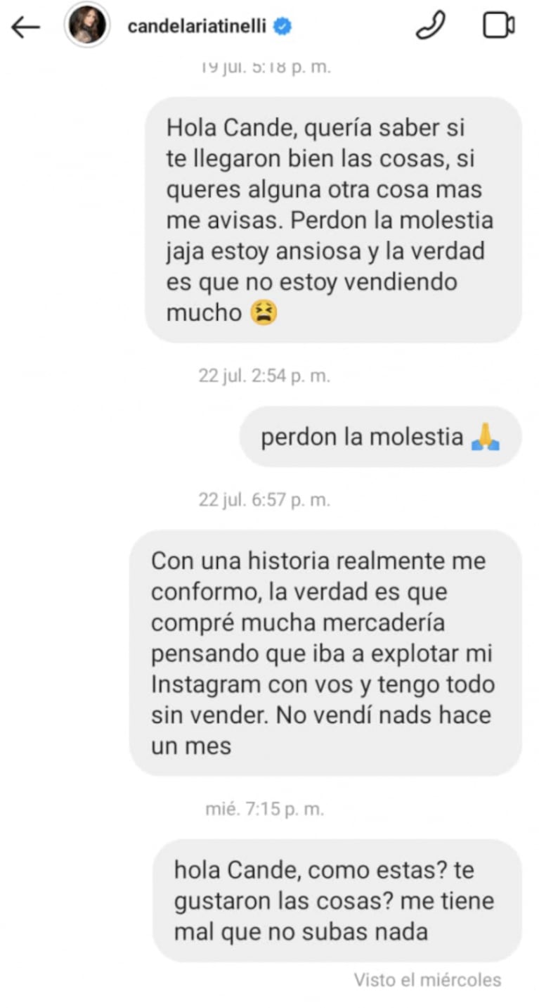 El fuerte descargo de Cande Tinelli tras haber sido acusada de no cumplir con el canje de una seguidora: "No me pidan que dé ayuda"