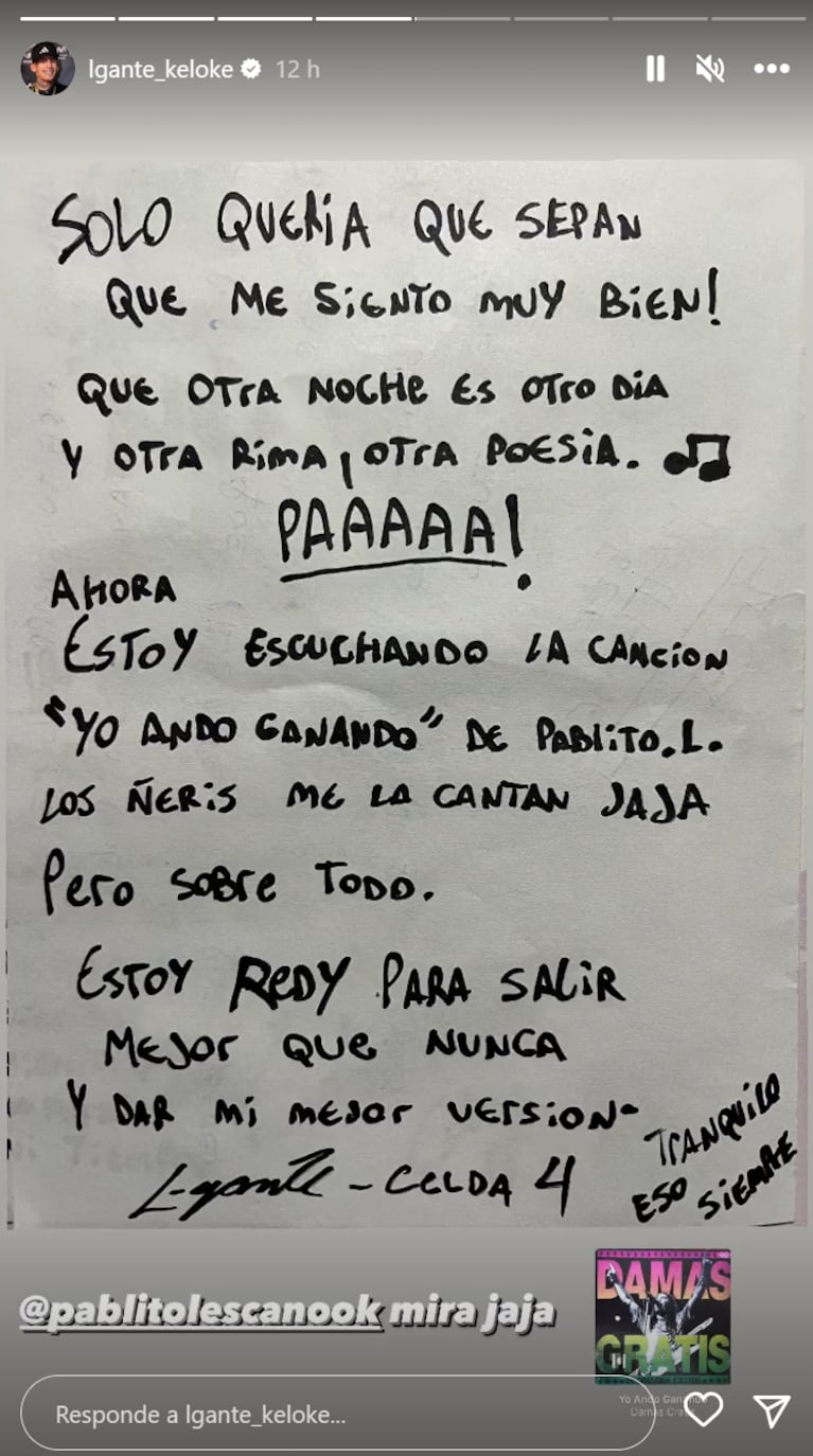 El fuerte descargo de L-Gante desde la cárcel a casi tres meses de su detención