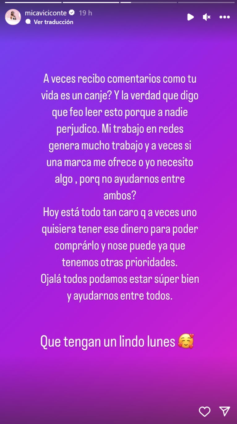 El fuerte descargo de Mica Viciconte tras ser criticada por “vivir de canjes”: “Hoy está todo tan caro...”