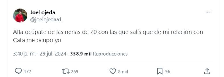 El fuertísimo tweet de Joel de Gran Hermano sobre Alfa, con una grave acusación: “Ocupate de las nenas de 20…”