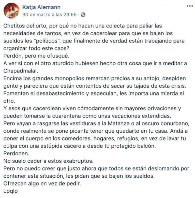 El furioso mensaje de Katja Alemann contra los 'chetitos' por el cacerolazo: "Ofrezcan algo en vez de pedir"