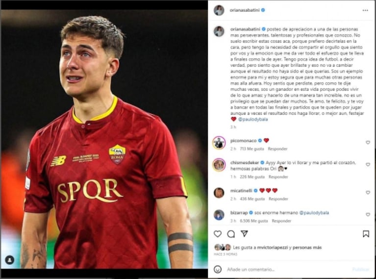 El gran gesto de Oriana Sabatini con Paulo Dybala tras su llanto en la final de la Europa League