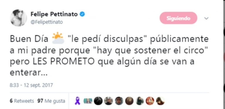 El hijo de Pettinato y una catarata de polémicos tweets contra su padre: “Para que mi familia pierda el miedo, Roberto tiene que morir”