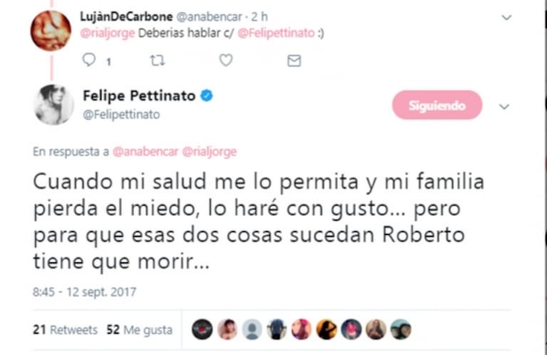 El hijo de Pettinato y una catarata de polémicos tweets contra su padre: “Para que mi familia pierda el miedo, Roberto tiene que morir”