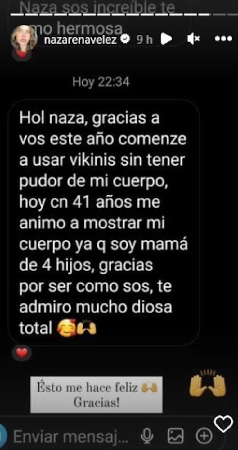 El inesperado mensaje que emocionó a Nazarena Vélez y su reacción en las  redes | Ciudad Magazine