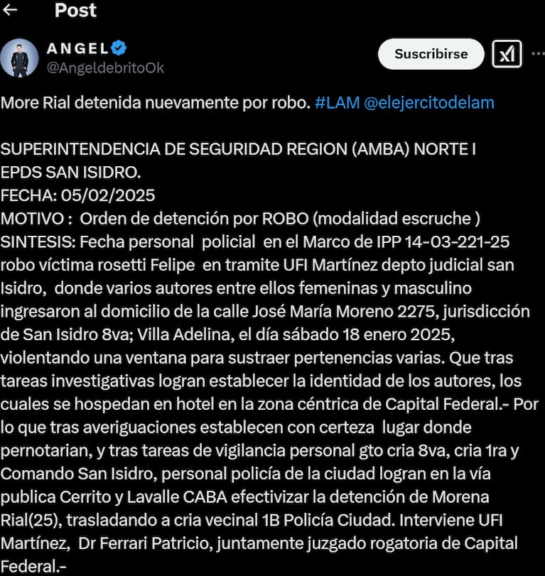 El informe policial de la detención de Morena que compartió Ángel.