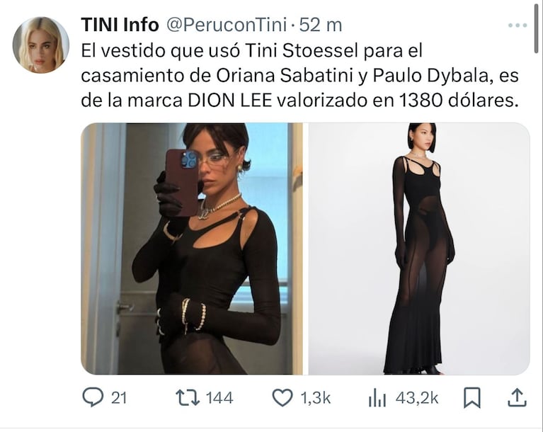 El look total black de Tini Stoessel en la boda de Oriana Sabatini y Paulo Dybala: cuánto cuesta el vestido