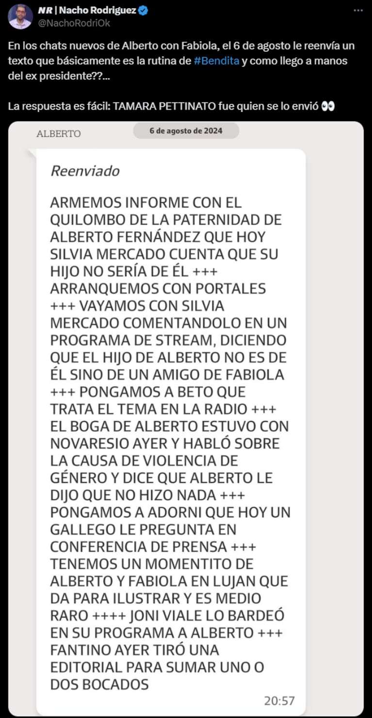 El mensaje de Alberto a Fabiola con la info que le habría mandado Tamara de Bendita.