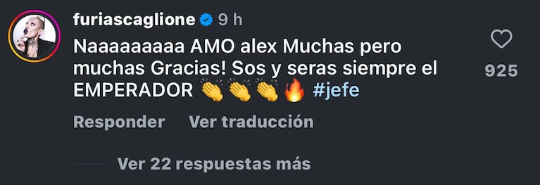 El mensaje de Furia a Alex Caniggia en sus redes sociales.