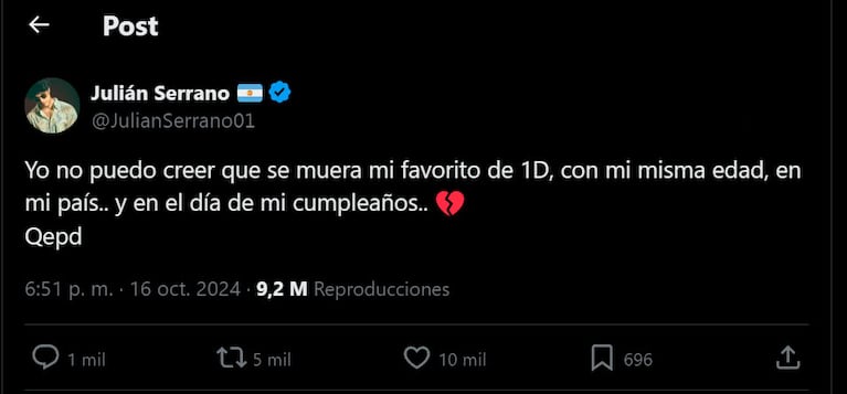 El mensaje de Julián Serrano tras la trágica muerte de Liam Payne que causó revuelo en las redes