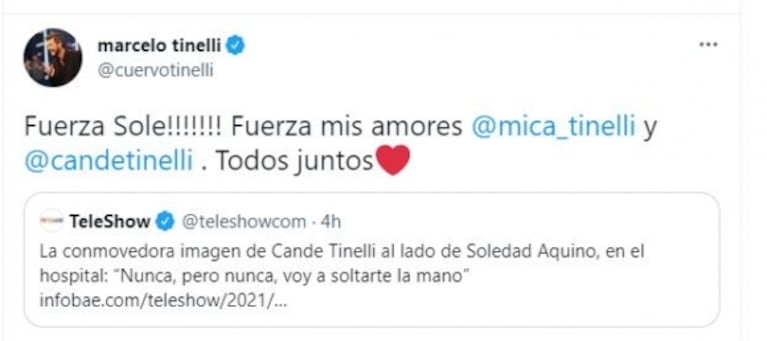 El mensaje de Marcelo Tinelli por el delicado estado de salud de Soledad Aquino: "Fuerza, todos juntos"