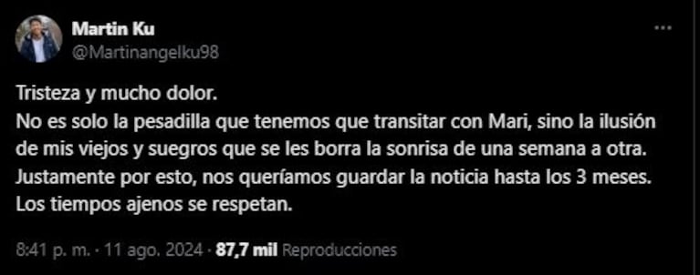 El mensaje de Martín Ku en Twitter / X sobre la pérdida del embarazo de su novia Marisol