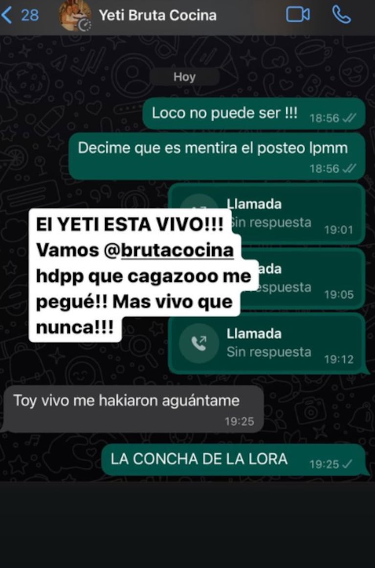 El mensaje en el que Leandro Granato aclaró las versiones que circularon sobre su muerte. (Foto: Twitter / barbara_frenkel)