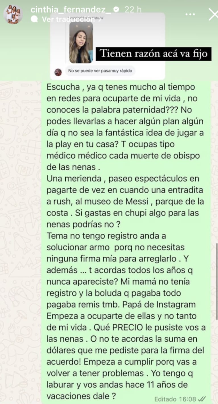 El mensaje que Cinthia, enojada, le mandó a Matías.