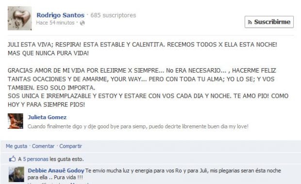 El mensaje que escribió Rodrigo Santos a las 3.47am del sábado, desmintiendo la muerte de su novia.