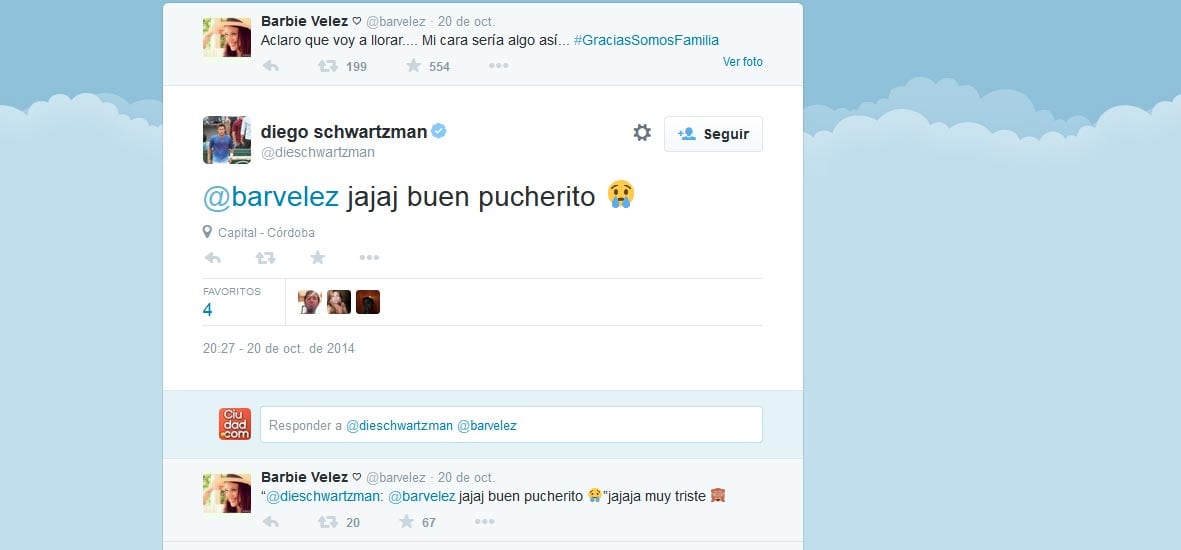 El mensaje que intercambiaron Barbie Vélez y Diego Schwartzman en Twitter.