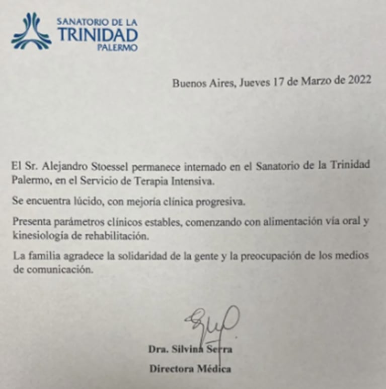 El nuevo parte médico de Alejandro Stoessel, el papá de Tini: "Se encuentra lúcido y con parámetros médicos estables"