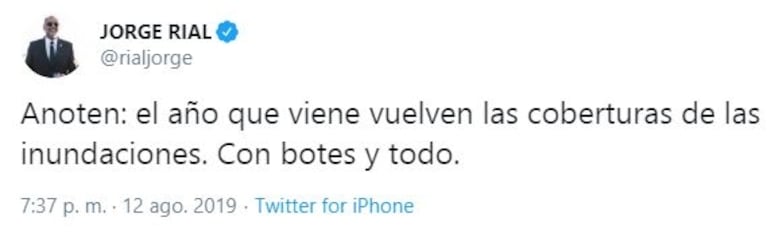 El palito twittero de Jorge Rial ¿para Mónica Gutiérrez?: "En 2020 vuelven las coberturas de las inundaciones"