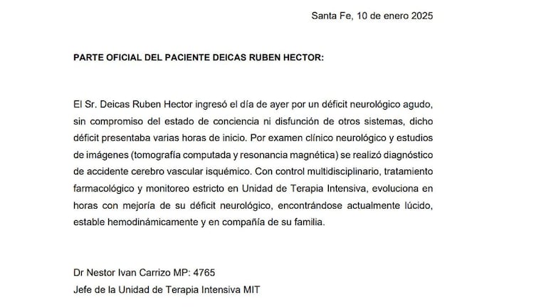 El parte médico de Cacho Dicas de Los Palmera.