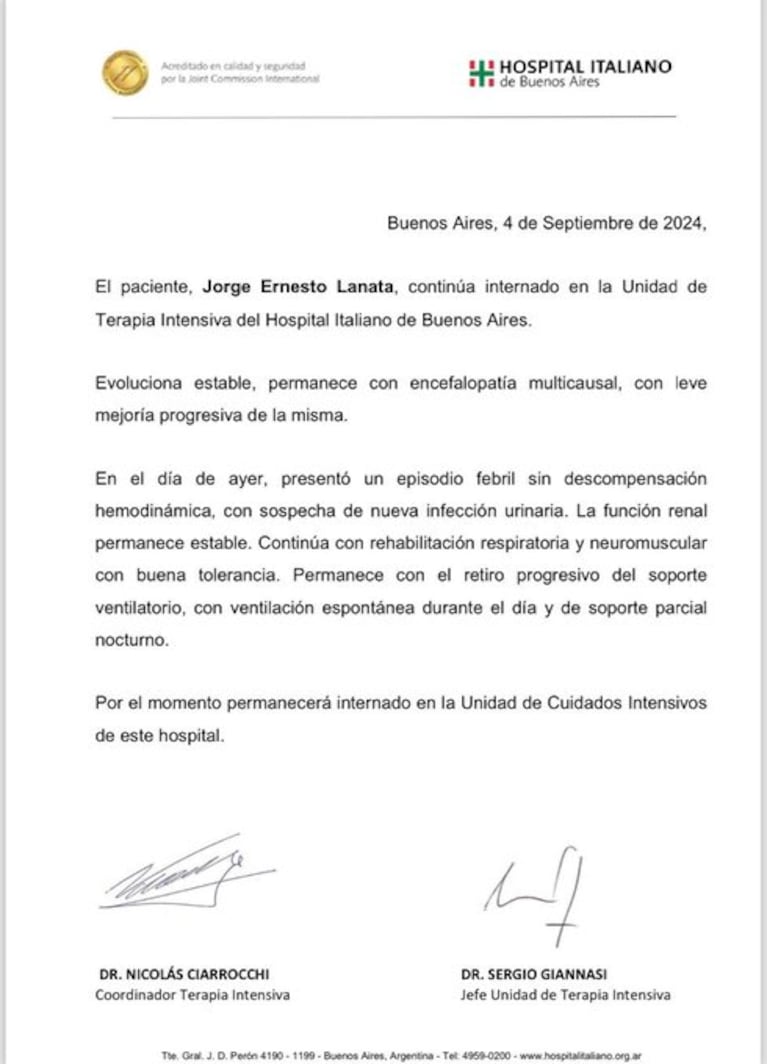 El parte médico de Jorge Lanata del miércoles 4 de septiembre de 2024.