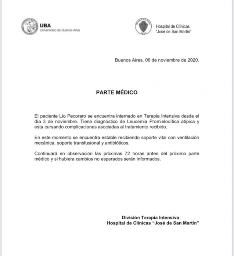 El parte médico de Lío Pecoraro, en terapia intensiva: "Está cursando complicaciones y recibe soporte vital"