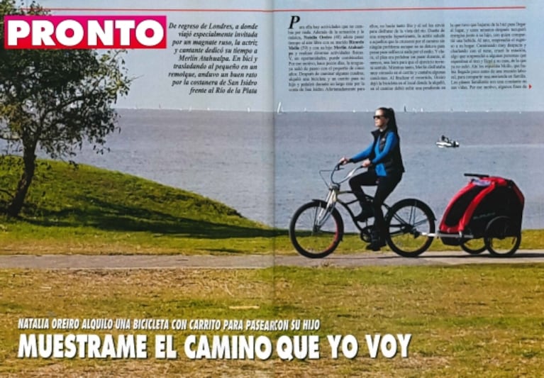 El particular paseo de Natalia Oreiro y su hijo en bicicleta con carrito, por la costanera de San Isidro