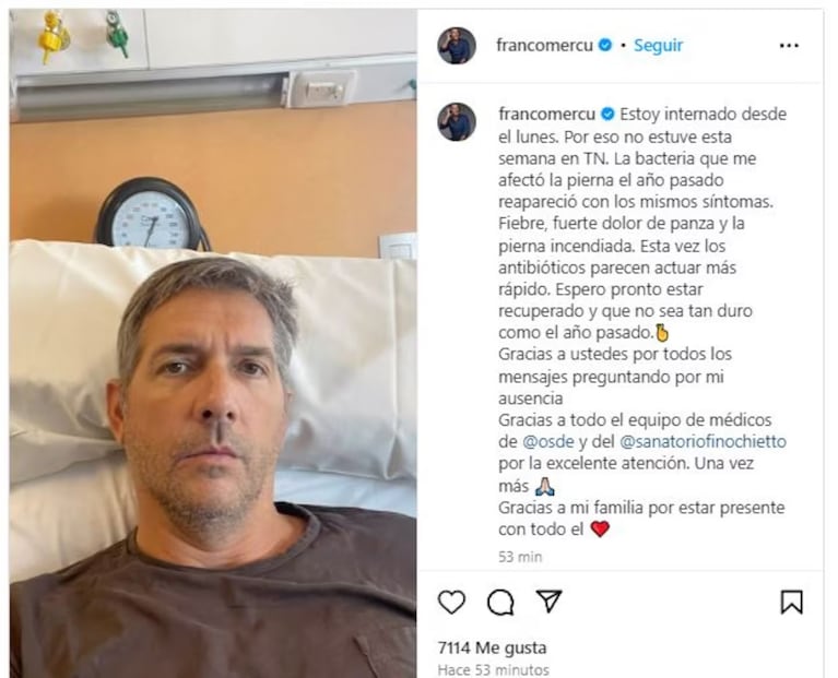 El periodista volvió a ser internado por una bacteria. Imagen subida a Instagram por @francomercu (INSTAGRAM).