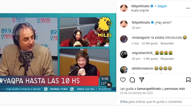 El picante comentario de Felipe en el video de Tamara con Milei.