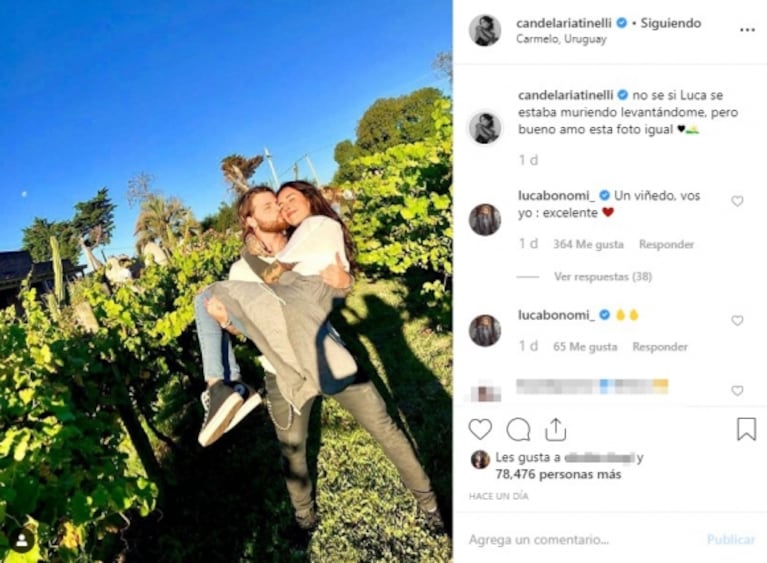 El pícaro comentario del novio de Cande Tinelli al ver una foto de ellos en un viñedo