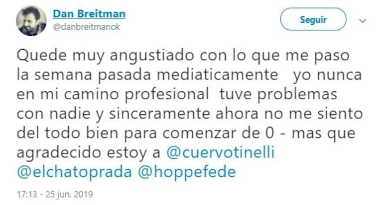 El polémico tweet de Dan Breitman tras renunciar al Súper Bailando: "Siempre hay revancha, pero no desde la violencia"