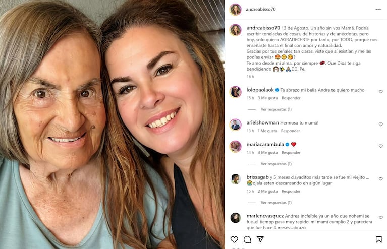 El posteo de Andrea Bisso a su mamá Noemí, a un año de su partida (Foto: Instagram @andreabisso70)