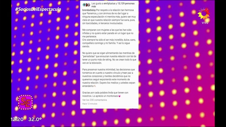 El posteo de Brenda Di Aloy sobre Cris Vanadía que luego borró.